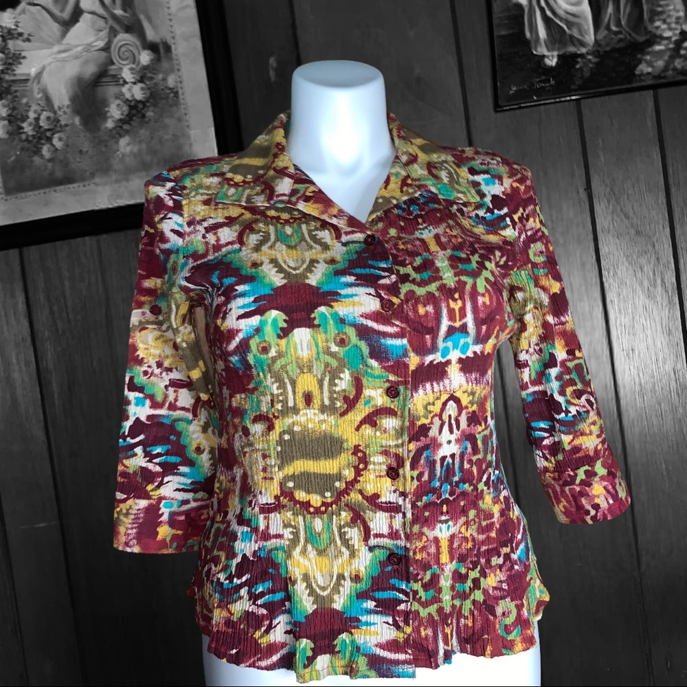 Christopher & Banks Petite Size PM Button Front Blouse Multicolor Abstract Print